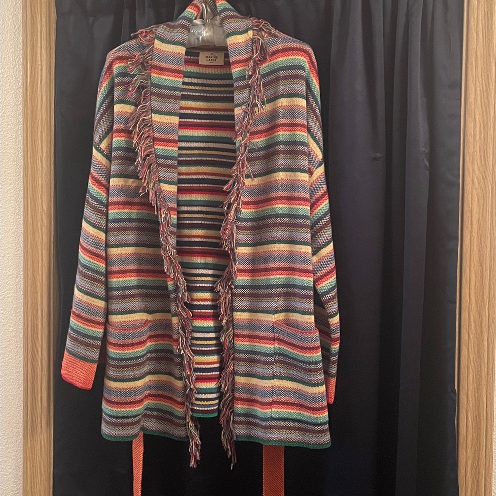 Marine Layer Multicolor Striped Fringe Cardigan - Coral, Green, Blue, Yellow
